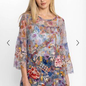 Johnny Was Flora Dancer Mesh Top w/ Blue Camisole Sheer Embroidered Boho Tunic M